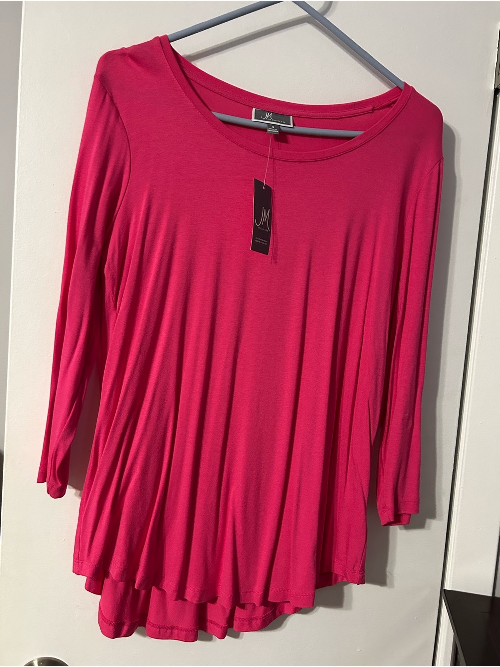 JM Collection Women's Bright Fuchsia 3/4 Sleeve Scoop Neck Layered Hem Top